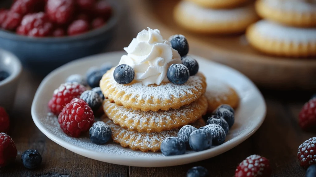A plate of golden-brown Madeleine cookies recipe using cream​ dusted with powdered sugar, topped with whipped cream and fresh blueberries, and surrounded by raspberries and blueberries.