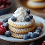 A plate of golden-brown Madeleine cookies recipe using cream​ dusted with powdered sugar, topped with whipped cream and fresh blueberries, and surrounded by raspberries and blueberries.