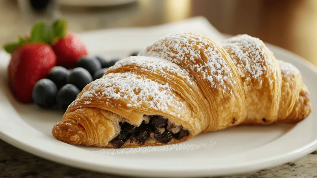 A golden-brown cookie croissant filled with melted chocolate, dusted with powdered sugar, and served with fresh strawberries and blueberries on a white plate.