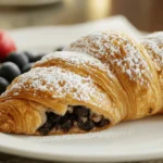 A golden-brown cookie croissant filled with melted chocolate, dusted with powdered sugar, and served with fresh strawberries and blueberries on a white plate.