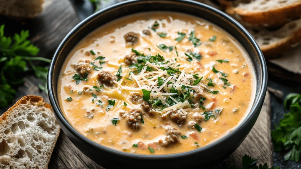 A bowl of creamy Parmesan Italian sausage soup garnished with fresh parsley and shredded cheese, served with crusty bread.