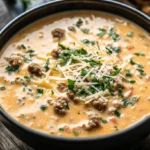 A bowl of creamy Parmesan Italian sausage soup garnished with fresh parsley and shredded cheese, served with crusty bread.