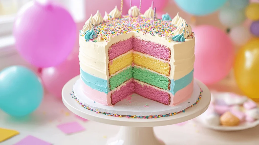 A beautifully decorated gender reveal cake with pastel-colored layers of pink, yellow, and green, topped with sprinkles and frosting swirls, set against a festive background with balloons.
