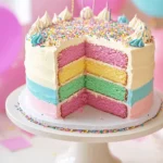 A beautifully decorated gender reveal cake with pastel-colored layers of pink, yellow, and green, topped with sprinkles and frosting swirls, set against a festive background with balloons.