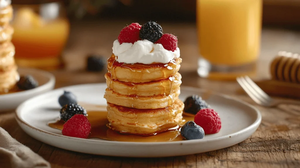 A stack of golden-brown mini pancakes topped with whipped cream, fresh raspberries, and blackberries, drizzled with maple syrup on a white plate. A glass of orange juice and a honey dipper are visible in the background.