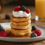 A stack of golden-brown mini pancakes topped with whipped cream, fresh raspberries, and blackberries, drizzled with maple syrup on a white plate. A glass of orange juice and a honey dipper are visible in the background.